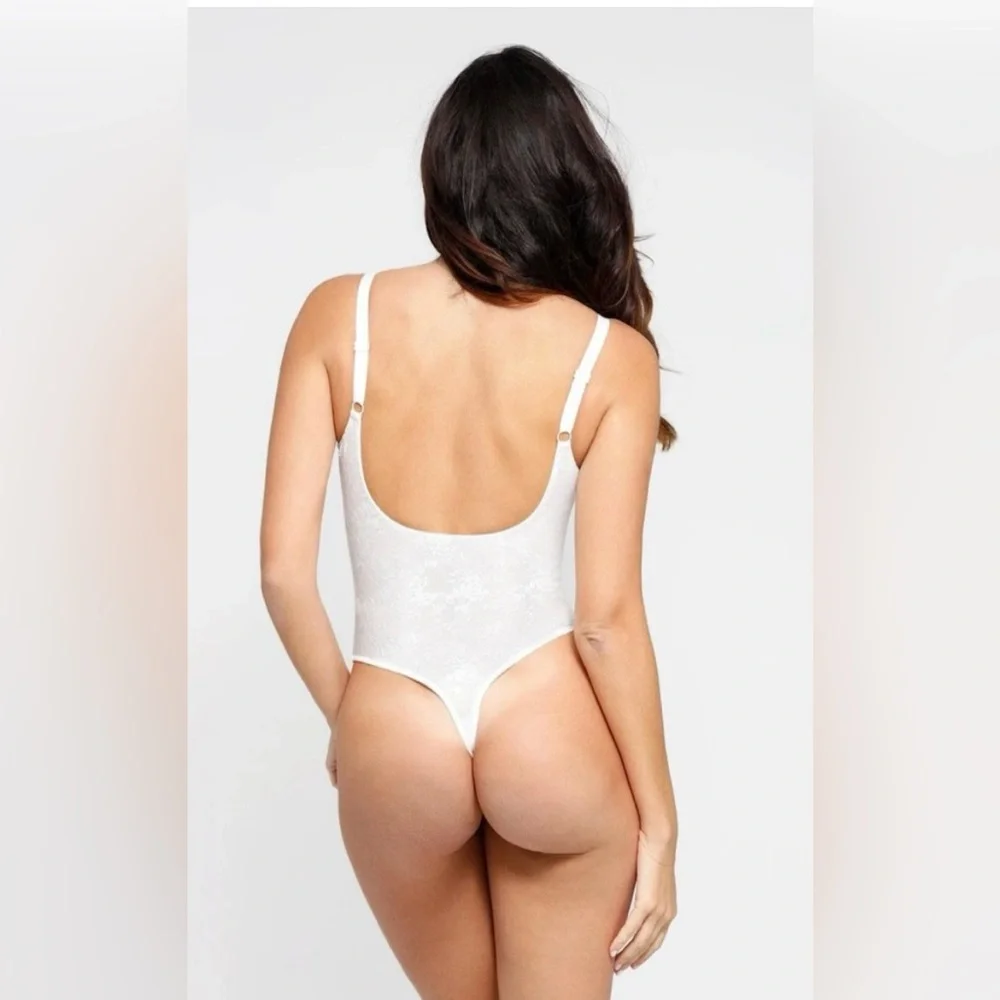 Popilush Shapewear Lace Deep V-Neck Low Back Hourglass Thong Bodysuit - Picture 2 of 7